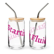 New Can-Shape Glass with Lid & Straw 16oz. 'Starting Fluid' Durable Modern Style