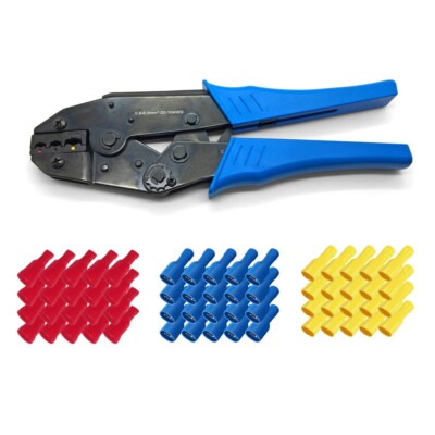 Crimpzange 150 Flachsteckhülsen 50 Rot / Blau / Gelb isoliert Stecker Zange Set