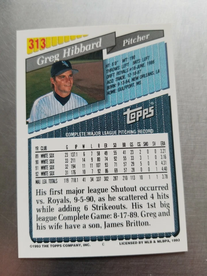 1993 TOPPS GOLD BASEBALL CARD GREG HIBBARD #313 2 - Image 2 of 2