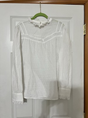 LOFT White Embroidered Eyelet Mock Neck Blouse Top Large