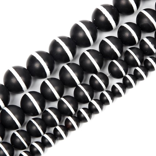 6/8/10/12/14 mm Natural Esmerilado Blanco Una Raya Negro Ágata Ónix Cuentas Redondas 15"" - Imagen 3 de 9