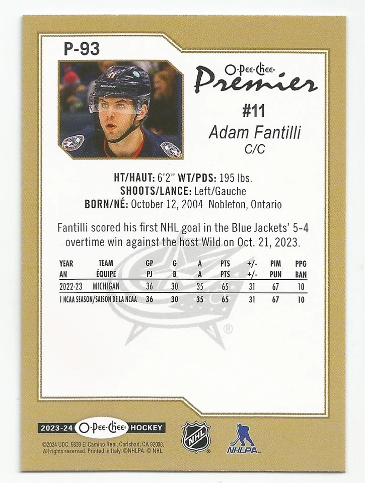 2023-24 O-Pee-Chee ADAM FANTILLI OPC Premier Rookie RC #P-93 BLUE JACKETS - Image 2 of 2