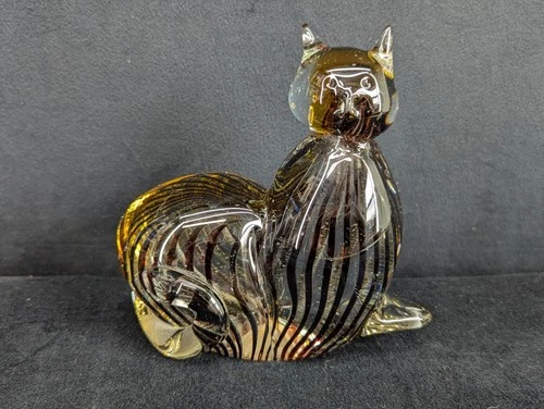 Vintage Murano Style Brown Striped Glass Cat Paperweight Figurine Chonky Kitty