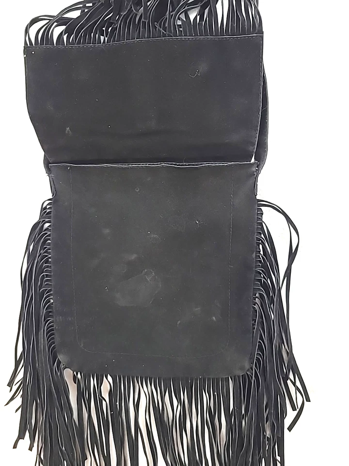 Black Fringe Crossbody Bag Long Fringe Studded Biker Rock and Roll Faux Suede - Image 3 of 4