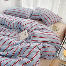 Simple Red and Blue Striped Duvet Cover Set with Soft Washed Cotton Bedding Set