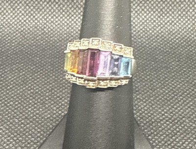 Sterling Silber 925 STS Marke Regenbogen Edelstein und Diamant Ring Größe 7