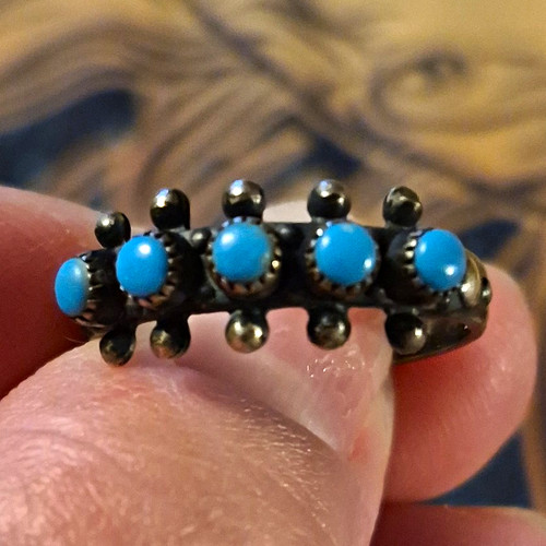 Vintage Zuni Turquoise Snake Eye Row Ring Sterling Silver Size 8 Signed