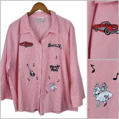 Las Olas Pinstripe 50 s Button Up Top Puts 2X Sock Hop Red Stripe Rock N Roll
