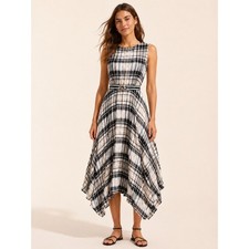 Tommy Hilfiger Womens Belted Plaid Midi Dress 12 Preppy Handkerchief Black White