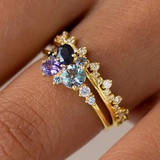 Ring Gold mit Steinen Lila Blaue Zirkonia Damen Bandring 2er Set vergoldet