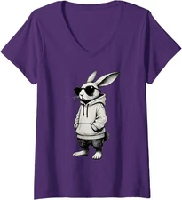 Bunny Face With Sunglasses Easter Day Design Ladies' V-Neck Tshirt