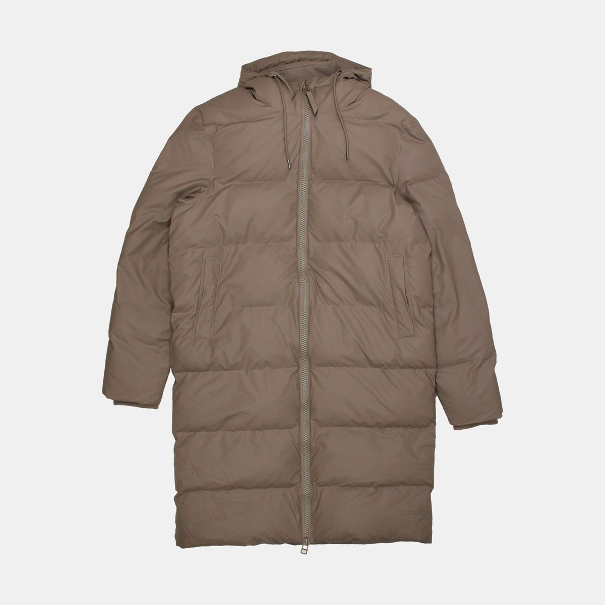 Rains Alta Long Puffer Jacket Mens Beige Size S Waterproof Polyurethane Coat