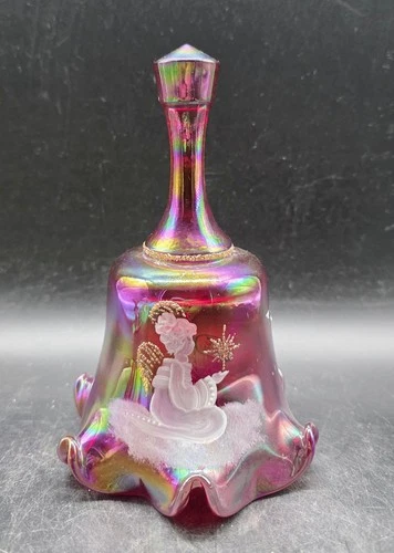 Vintage Fenton Red Carnival Glass Hand Painted Bell White Angel Design