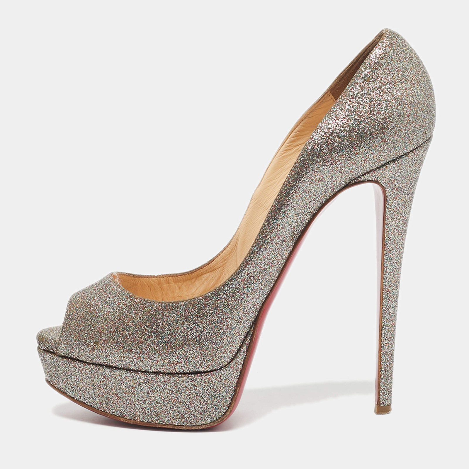 Christian Louboutin Multicolor Glitter Leather Lady Peep Toe Pumps Size 38.5