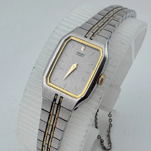 VTG Seiko Quartz Watch 2C20-5200 Women Dual Tone Rectangle Analog New Battery 6"