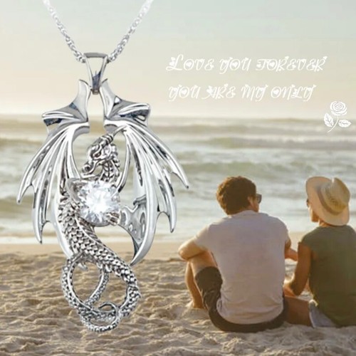Carved 3D Mythical Dragon Crystal Pendant 925 Sterling Silver Necklace Gift New - Picture 4 of 7