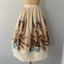 Vintage 1950's Scenic Print Novelty Print 100 Cotton Skirt Waist 31"