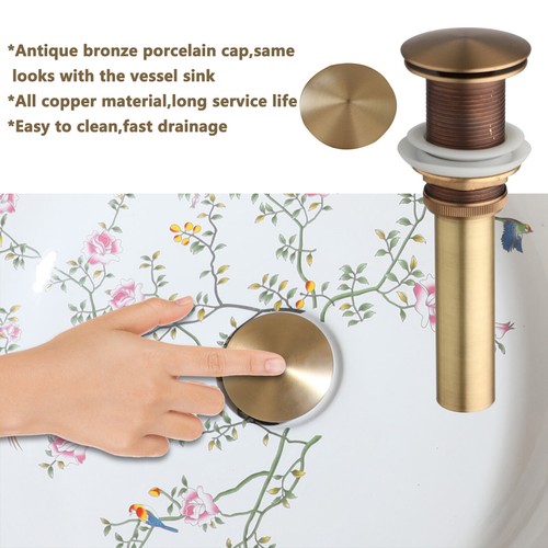 US Bathroom Vessel Sink Ceramic Round Flower Basin Antique Brass Drain Mixer Tap - Picture 4 of 9