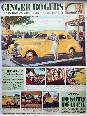 1938 Desoto Yellow Ginger Rogers Original Print Ad Life Magazine 30's