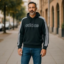 Adidas Men's Black with White Stripes Pullover Hoodie Sz M