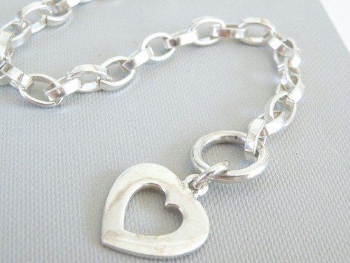 Chunky Sterling Silver 925 Rolo Link Chain Heart Tag Bracelet Fits 8" - Picture 8 of 14