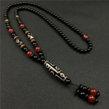 Tibetan Three Eye and Nine Eye Dzi Bead Necklace Black White Unisex Jewelry