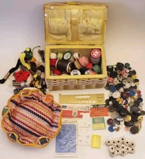 VTG Lot Grandmas Sewing Box Notions Thread Pin Cushion Needle Button Spool Japan