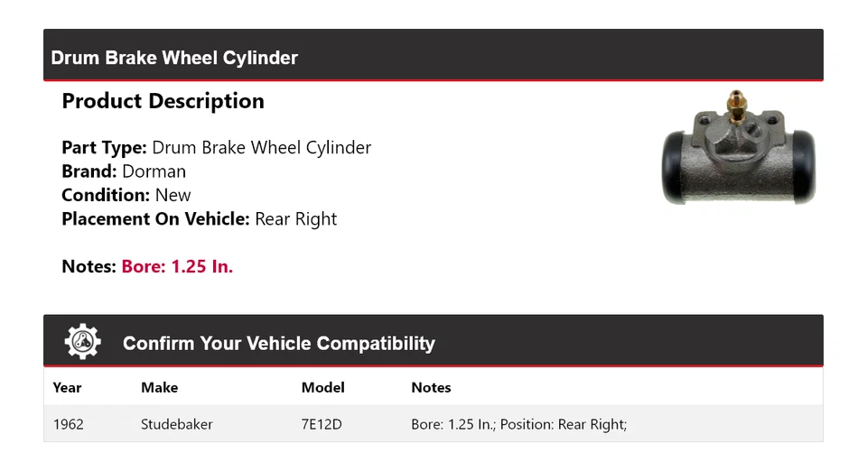 Cilindro de rueda de freno de tambor trasero derecho Studebaker 7E12D Dorman 1962 Foto 2 de 3