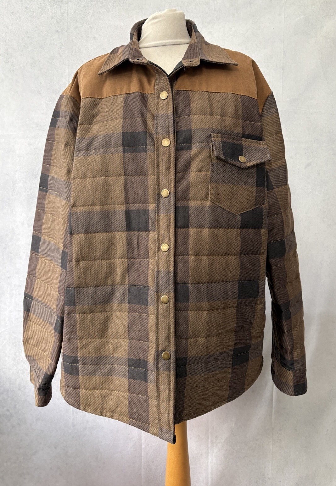 Brown Check Padded Shirt Jacket for Men in XL Size - Polyester Fabric