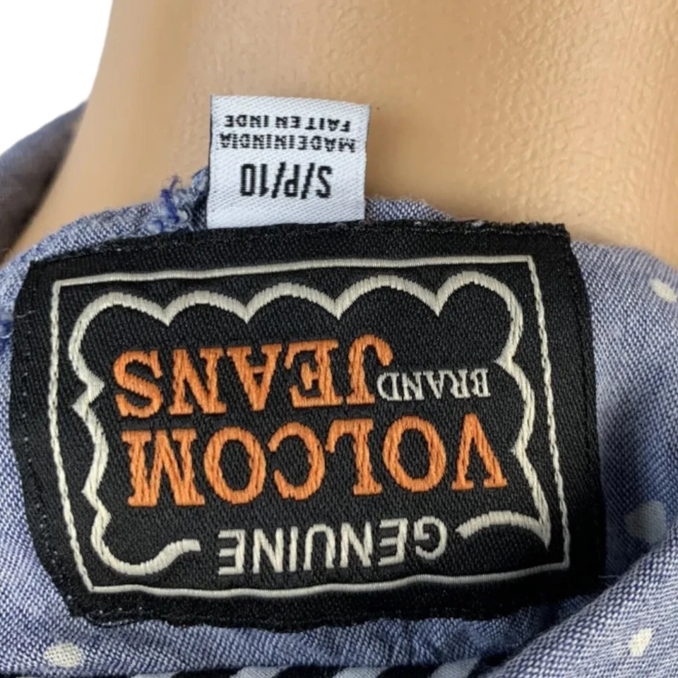 Volcom Jeans Light Blue White Speckle Polka Dot Pocket Button Down Top Sz Small - Image 4 of 4