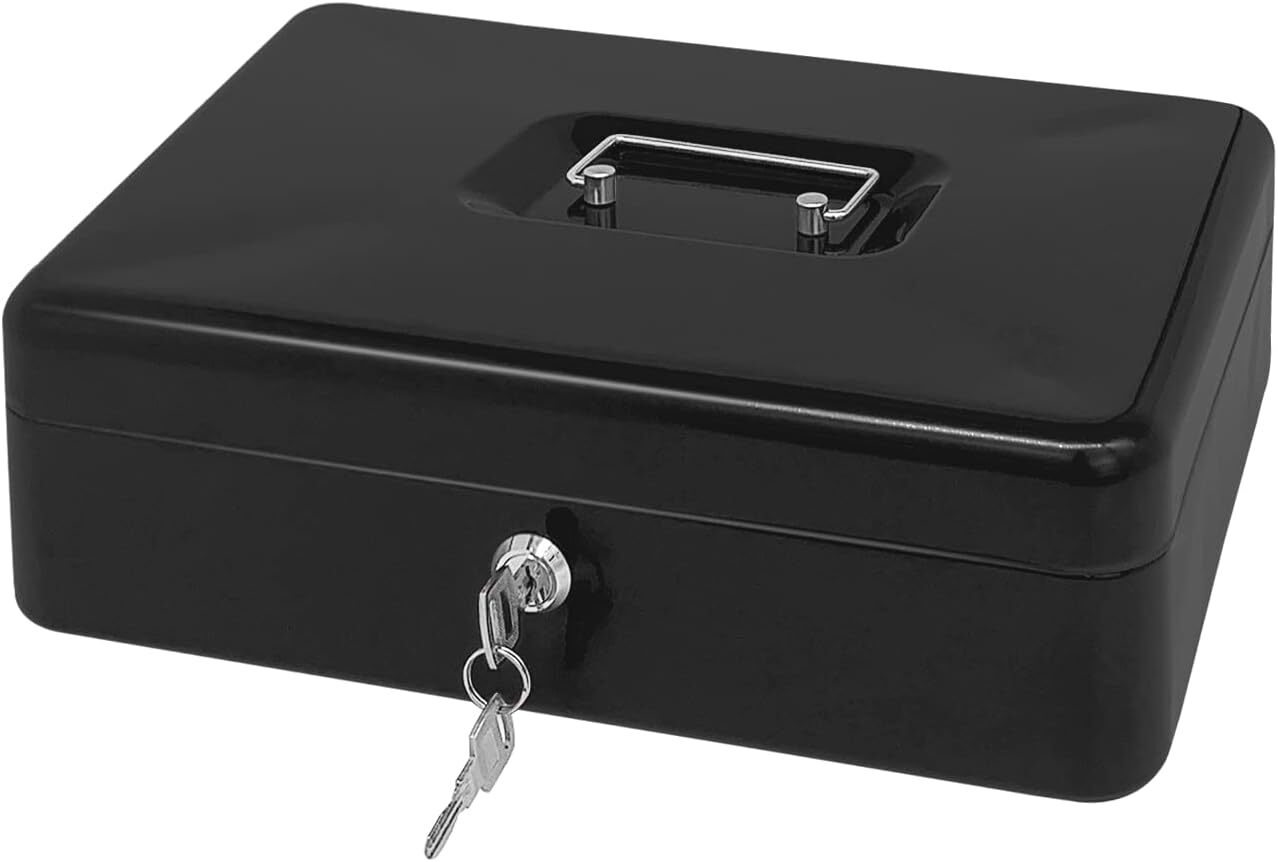 Compact Black Steel Cash Box with Key Lock – 11.8x9.4x3.5 Inches Money Safe