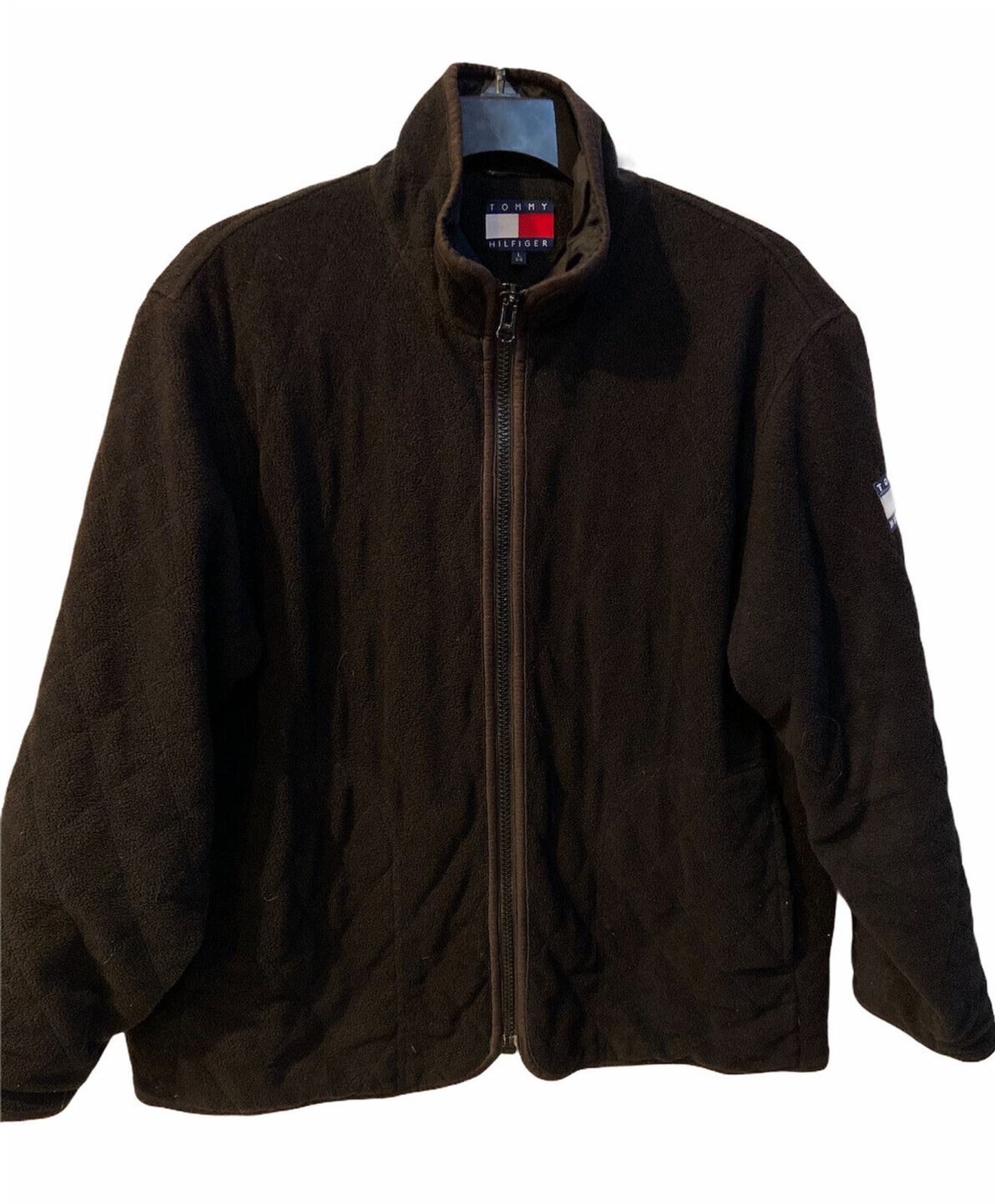 Tommy Hilfiger 90s Vintage Black Quilted Fleece Zip Jacket Mens Large Y2K