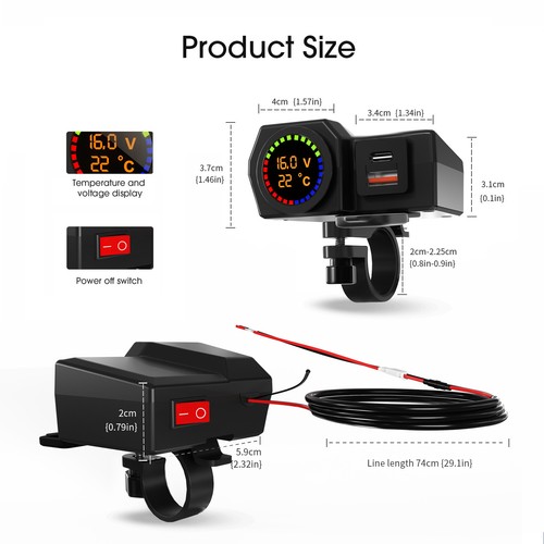 Waterproof Motorcycle USB + Type C Charger Voltage Temperature Display Voltmeter - Zdjęcie 6 z 12