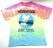 Woodstock Tie Dye T-Shirt 3 Days Peace Music Love Guitar Bird Logo Liquid Blue L
