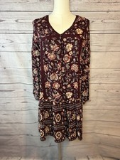 American Eagle Boho Floral Peasant Dress Small Burgundy Long Sleeve Crochet Neck