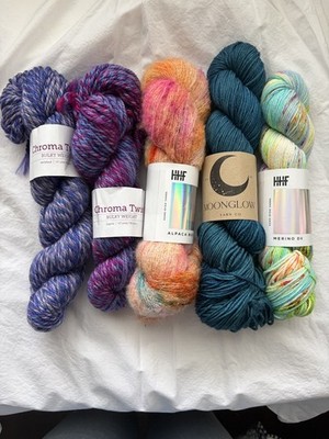 Destash- Lot of 5 skeins- various weights- Hedgehog Fibers, Knitpicks, Moonglow