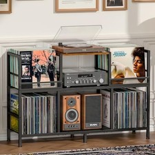 Record Player Stand with Dual Display Bins Storage for 300+ Vinyl Records