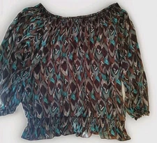 PURE ENERGY Blouse Sheer Chiffon Long Sleeve Turquoise Brown Boho Shirt Top 2X