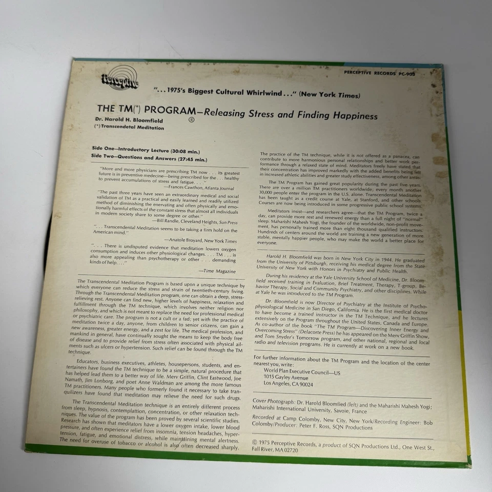 Dr. Harold H. Bloomfield, M.D., The TM Program, PC 903, 1975, Meditation, NM Foto 4 de 4
