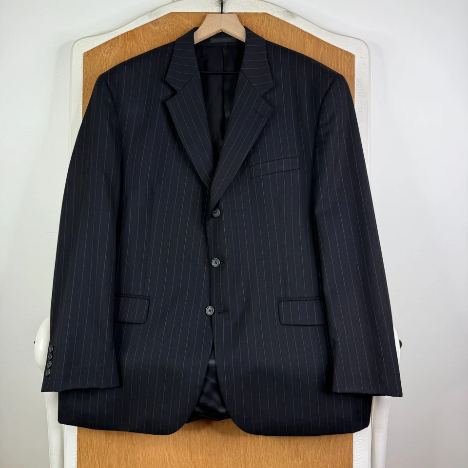 Chaps Suit Mens 46R Black Pinstripe 3 Button 100% Wool Pants 42x30 Pleated Front - Image 2 of 4