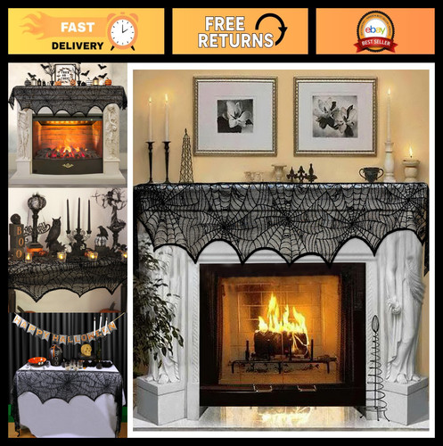 Black Lace Spiderweb Fireplace Mantle Scarf - Halloween Decoration 45x243cm