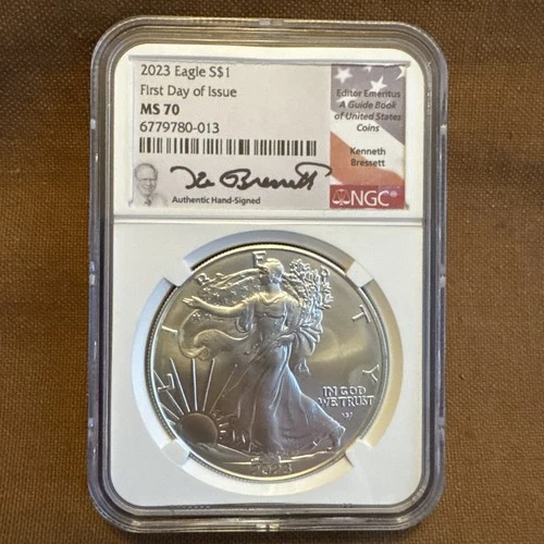2023 Eagle S$1 First Day Issue MS70 Signed Kenneth Bressett