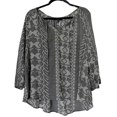 Fred David Geometric Print Women Large Gray Peasant Blouse Boho Tie Neck Top