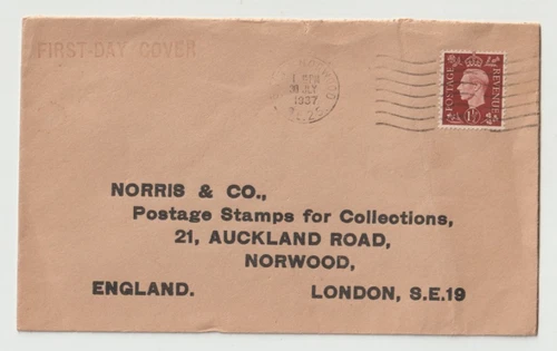 30/7/1937 UK GB FDC - KGVI: 1 1/2d Red-Brown - South Norwood Slogan Postmark