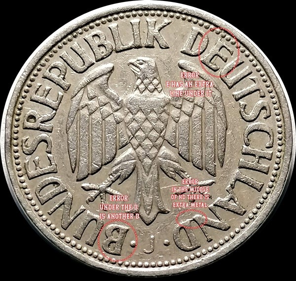 Rare 1950-F Germany 1 Deutsche Mark Coin Struck with Multiple