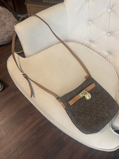 Michael Kors Brown Monogram Small Crossbody Zip Bag, Adjustable Strap Gold