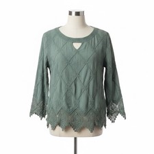 ADIVA Green Crochet Keyhole Tunic Blouse 3/4 Sleeve Large