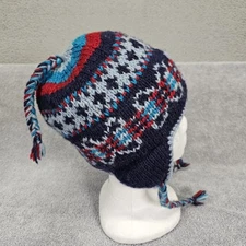 Nepal Wool Beanie Hat Earflaps Tassels Knit Fleece Lined OSFM Blue Red Cap