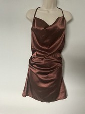 BNWT Pretty Little Thing PLT Brown Satin Mini Dress Ruched, Maternity Size 10