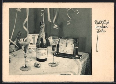 Postcard advertisement for Henkell dry sparkling wine, calendar, clock, New Year greeting 194 